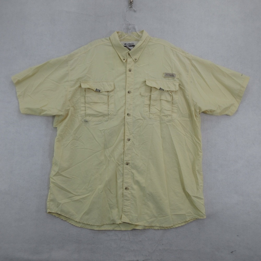 Columbia Men's Shirt XL PFG Fishing Short Sleeve Chest Pocket Yellow Omni-Shade